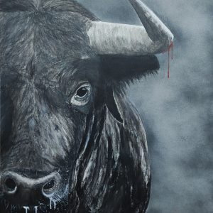 Chema Velasco Toro en la sombra - Pintura acrílica de un toro imponente con mirada desafiante