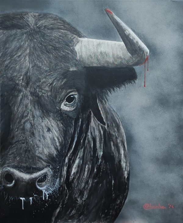 Chema Velasco Toro en la sombra - Pintura acrílica de un toro imponente con mirada desafiante